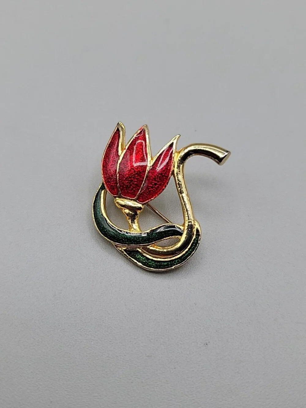 SFJ Swirl Tulip Brooch Enamel Gold Tone Red Petals Green Stem Leaf Vintage